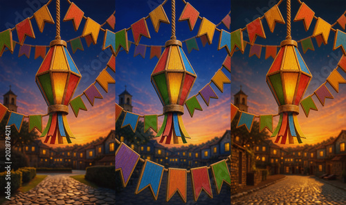 Cenários de festa junina, arraiá de são joão ao anoitecer, entardecer com diferentes cores, linda paisagem com balão e bandeirinhas