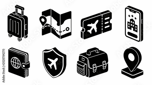 Travel icons: luggage, map, ticket, hotel app, passport, shield, bag, location