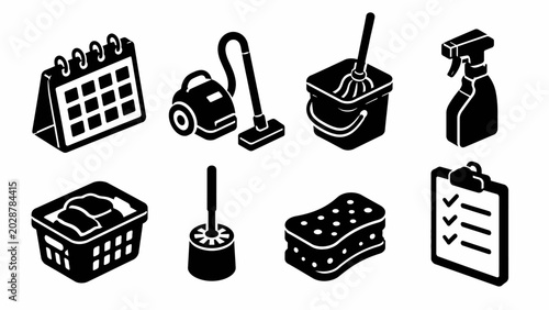 Black and white cleaning icons for housework and organization