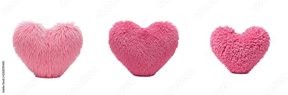 Fototapeta premium Set of Three Pink Fluffy Heart Pillows, Soft Plush Textured Decorative Cushions Isolated on White Background, Cute Valentine's Day or Romantic Interior Design Graphic Elements for Digital Projects and