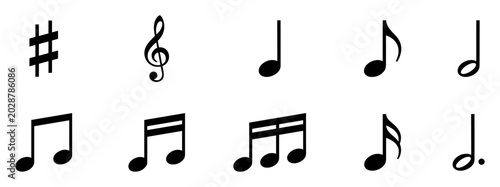 Fotografie Set of various black musical notes and symbols icons isolated on transparent bac