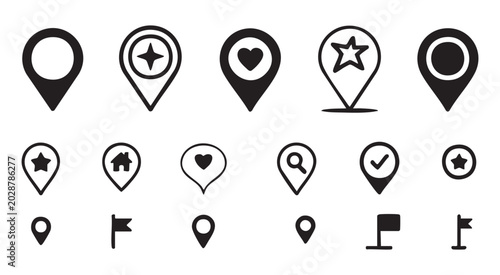Filled map pin icons and location markers with different symbols on transparent background vector.