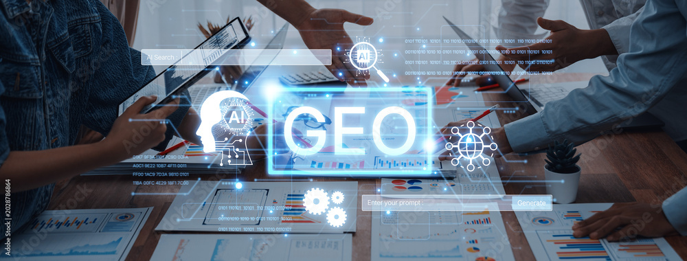 Naklejka premium Digital marketing concept featuring GEO strategy. Generative AI search visual shows GEO interface integrating intelligence, logic, and AI input system for prompt tasks. Corpus