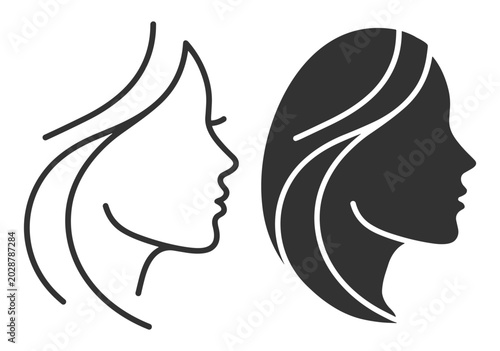 female profile silhouette line art and solid icon illustration on transparent background