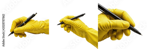 Tableau sur toile Hand in Yellow Protective Rubber Glove Holding a Black Pen, Isolated Transparent