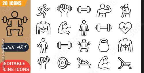 Photos Isolated dumbbell strength icons set, 20 editable line art icons set, exercise d