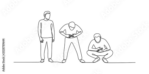 Bild auf Leinwand Continuous single line drawing of three men standing and holding their stomach i