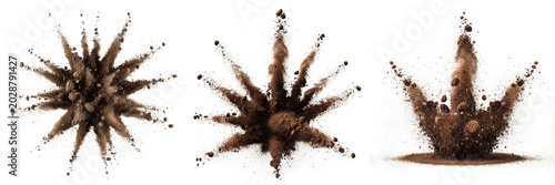 Set of Dynamic Brown Soil and Dirt Particle Explosions Isolated on White Background