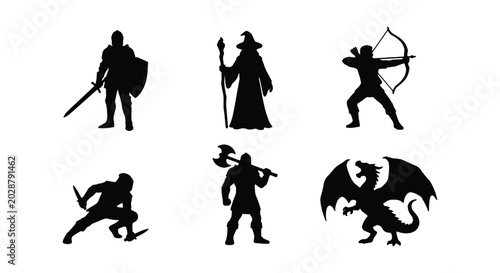 Bild auf Leinwand Set of fantasy character silhouettes including knight, wizard, archer, rogue, ba