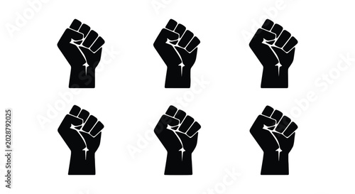 Raised fist icon set, symbol of resistance, power, and solidarity