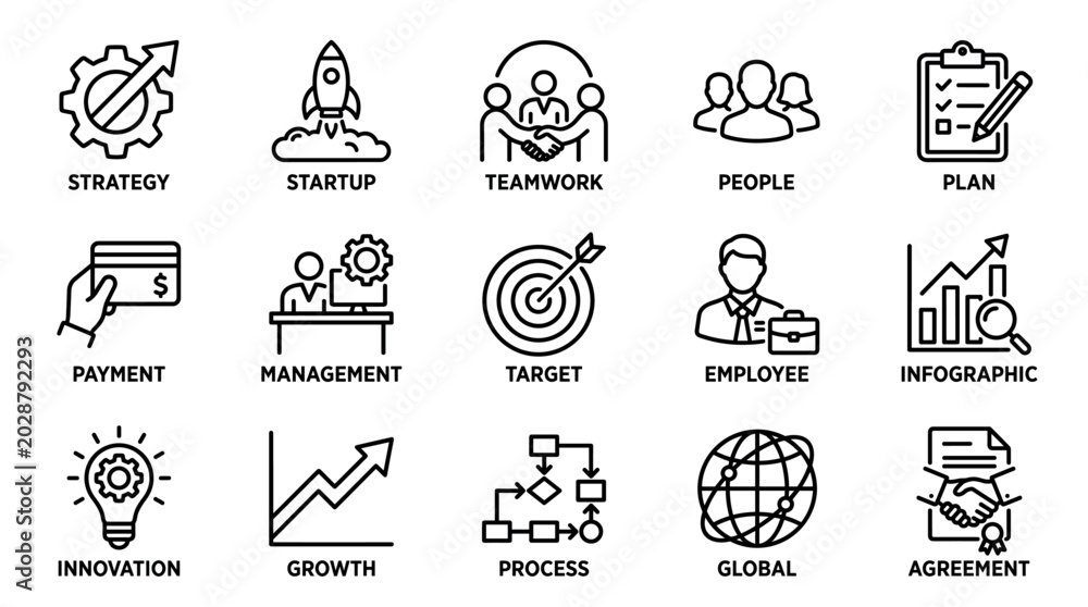 Fototapeta premium Set of black line business icons representing concepts like strategy, startup, teamwork, and growth for corporate presentations and marketing materials