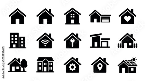 Set of black house icons representing various real estate concepts like smart homes, property location, and residential buildings presented as simple glyphs for web and app design