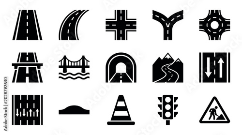 Black road and traffic glyph icon set with various symbols for highways, intersections, bridges, tunnels, traffic lights, and road work signs in a clean vector illustration