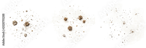 Set of 3 Scattered Soil and Dirt Particle PNG Overlays, Realistic Earth Debris and Gritty Dust Texture Elements, Isolated Transparent Backgrounds for Design