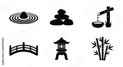 Photography Set of japanese garden icons, including zen stone, bamboo fountain, bridge, ston