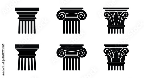 Tableau sur toile Set of classic architectural columns with different capitals, doric, ionic and c