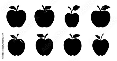 Eight black apples in simple grid arrangement - A clean, minimalist vector set of eight black apples arranged neatly in two rows of four, perfect for icons or illustrations.