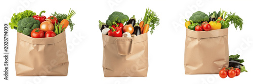 Set of 3 Paper Bags Filled with Fresh Organic Vegetables, Healthy Groceries in Brown Shopping Bags, Isolated Transparent Backgrounds for Food and Market Design