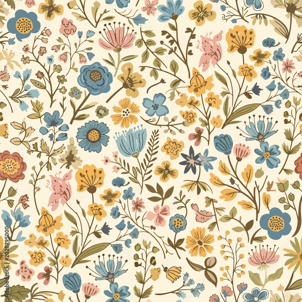 Obraz premium Decorative floral pattern with cheerful blossoms and playful leaves creating visual harmony