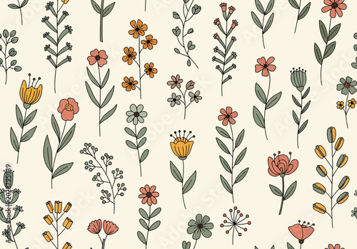 Billede på lærred Decorative flower pattern presenting elegant blossoms and graceful stems in seam