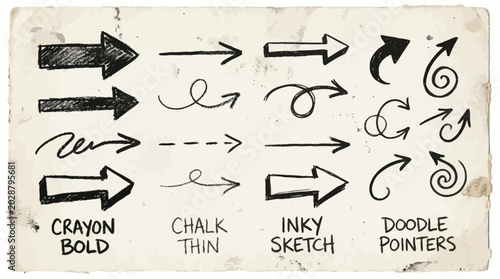 Hand drawn black arrow collection for notes, rustic graphic design, collage templates. Chalk drawn bold and thin doodle arrows