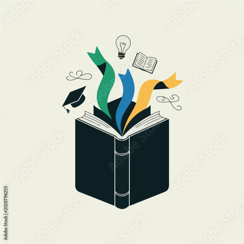 Open Book Learning Concept with Education Icons – Knowledge and Creativity Vector Illustration
