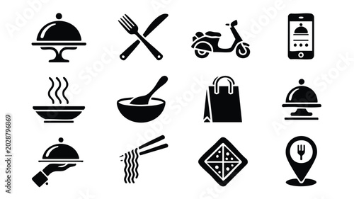Food delivery icons including scooter, Phone, And restaurant symbols