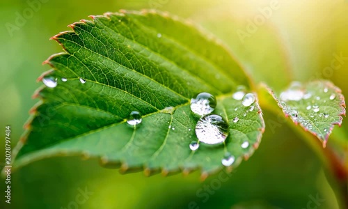Dew drops glisten on vibrant green leaf