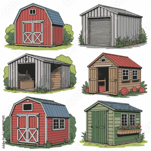 Set of Garden Sheds and Barns – Wooden and Metal Storage Buildings Vector Collection