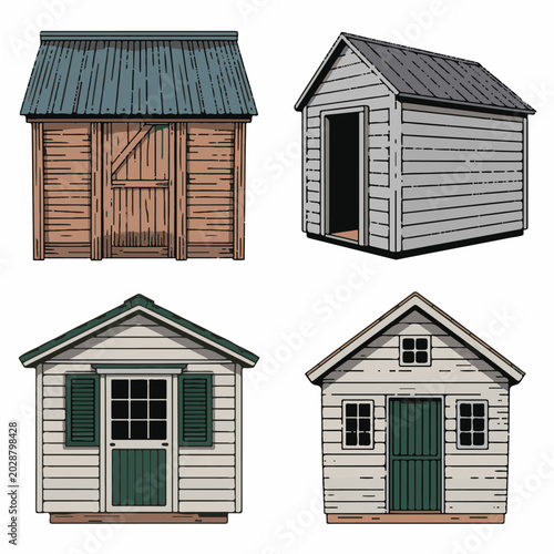 Set of Garden Sheds and Barns – Wooden and Metal Storage Buildings Vector Collection