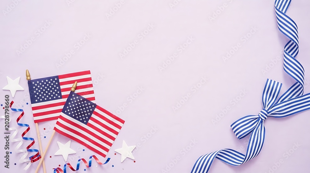 Obraz premium USA independence day happy independence day USA Two American flags with red white and blue streamers and stars on a light purple american