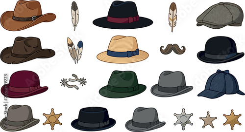 Schilderij op canvas Vintage gentleman and western hat vector icon set featuring cowboy hats, fedoras, bowler hats, flat caps, sheriff stars, feathers, and spurs elements