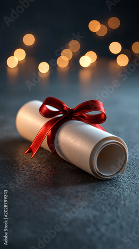 Diploma scroll tied with a red silk ribbon rests on a textured surface under glowing golden bokeh lights, vertical format for social media stories, portrait orientation