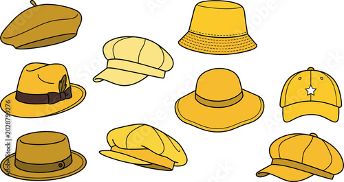 Obraz na płótnie Yellow vector hat icon set featuring modern bucket hat, classic beret, fedora with feather, baseball cap, newsboy caps, and wide brim sun hats