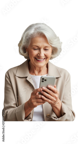 Smiling senior woman using smartphone happily