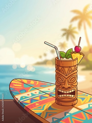 tropical tiki cocktail in wooden mug on colorful surfboard at sunny beach. summer vacation, hawaiian luau party concept. summertime ocean resort. copyspace. greeting card, poster, flyer.