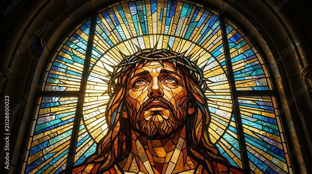 Obraz premium Jesus Christ wearing a crown of thorns in colorful stained glass art style.