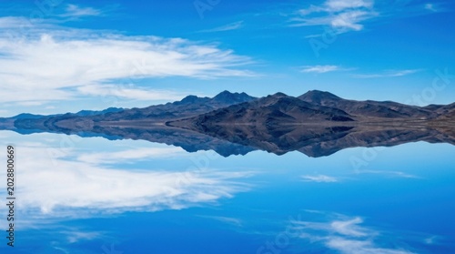 Stunning reflection of mountain range and clouds on tranquil water surface under blue sky.