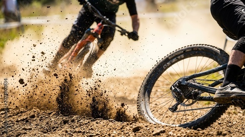 Mountain bike racers accelerate on a dirt track with flying debris in the sunshine.