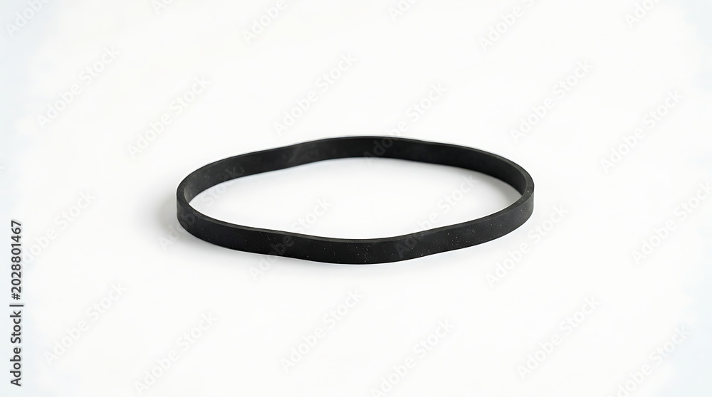 Naklejka premium Single black rubber band resting on a clean minimalist white surface studio shot featuring smooth elastic material and soft lighting