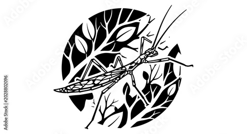 Black and white stick insect illustration in circular leaf frame