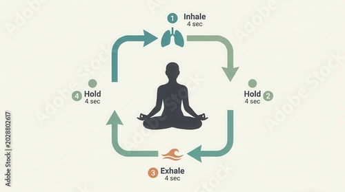 Box breathing meditation technique diagram showing inhale, hold, and exhale steps.