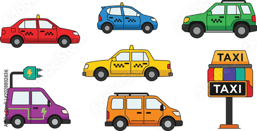 Foto Colorful Taxi and Cab Vehicle Icon Set with Sedan, SUV, Electric Cab, Yellow Tax
