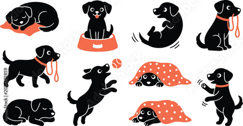 Photography Set of cute black puppy silhouettes in various playful poses, including sleeping