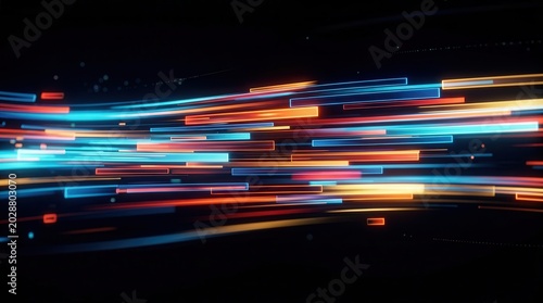 Colorful light streaks and bars representing digital transformation on a black background.