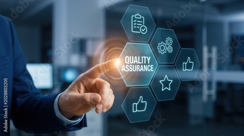 Quality assurance concept showing monitoring, testing, and evaluation of products and services.