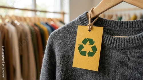 Stylish organic clothing made from sustainable recyclable material with a recycle tag in a retail shop.