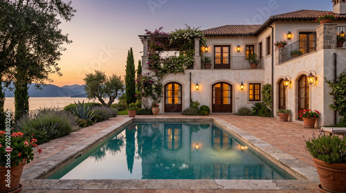 Luxury Mediterranean villa with swimming pool at sunset overlooking the sea.