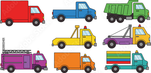 Tableau sur toile Colorful Truck and Vehicle Icon Set with Delivery Van, Pickup, Dump Truck, Fire