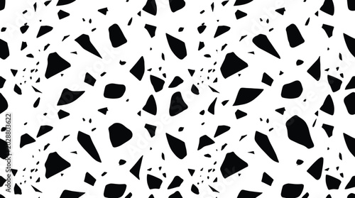 Seamless pattern of scattered black geometric stone fragments on a white background